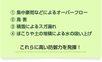 集中豪雨などによるオーバーフロー、鳥 害、積雪によるスガ漏れ、堆積による水の吸い上げに高い防御力を発揮
